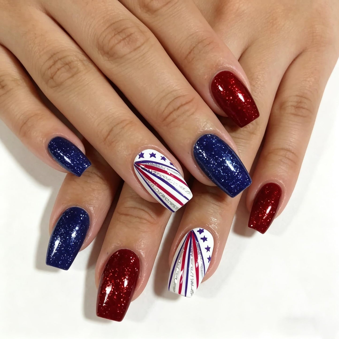 24Pcs 4th of July Press-On Nails - Medium Square Red, Blue & White Glitter Designs | Reusable Patriotic Acrylic Nails for Women