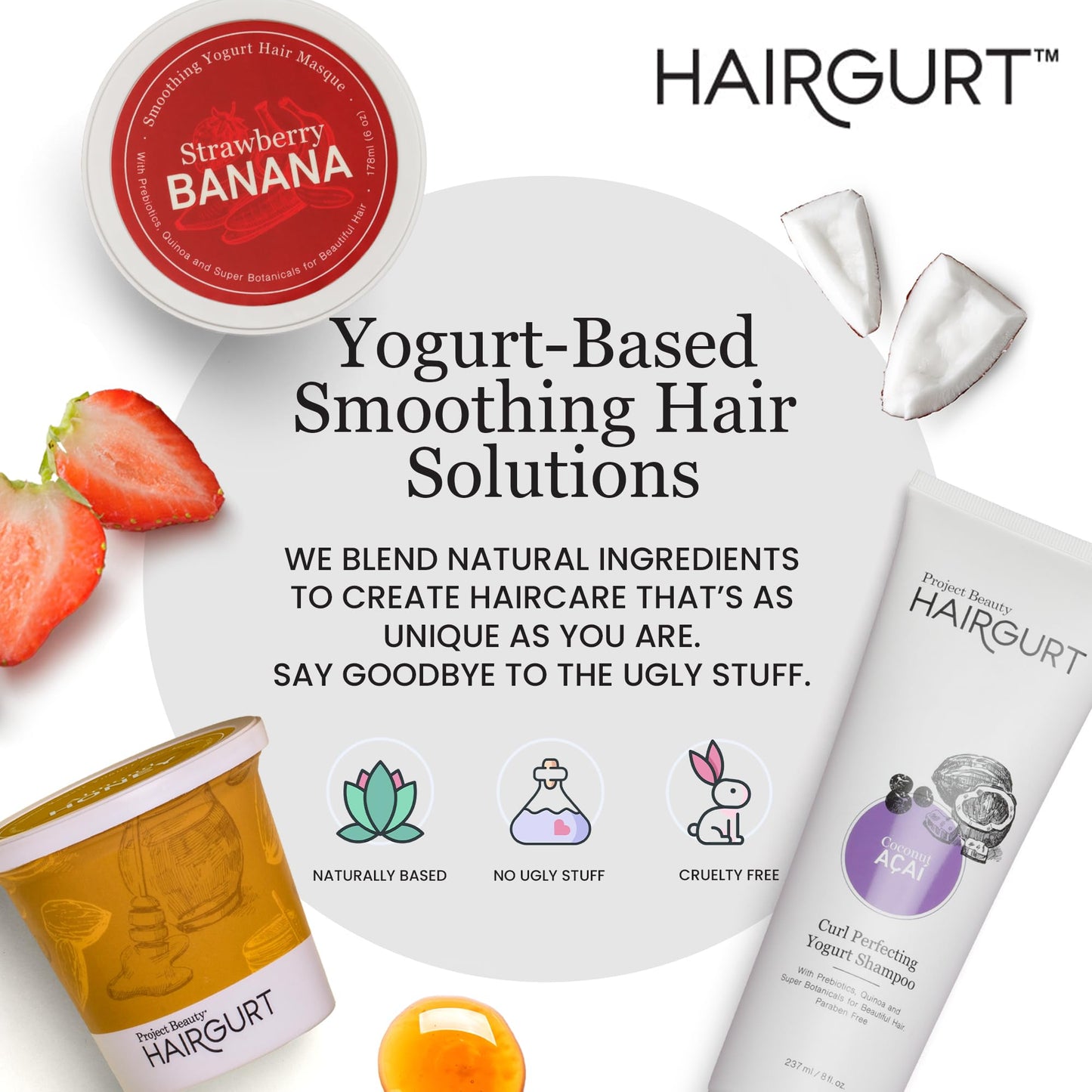Hairgurt Banana and Strawberry Shampoo and Conditioner Set - Sulfate-Free for Dry, Damaged Hair - Ultra-Nourishing Repair with Natural Ingredients - Salon-Grade Moisture - 8 Oz