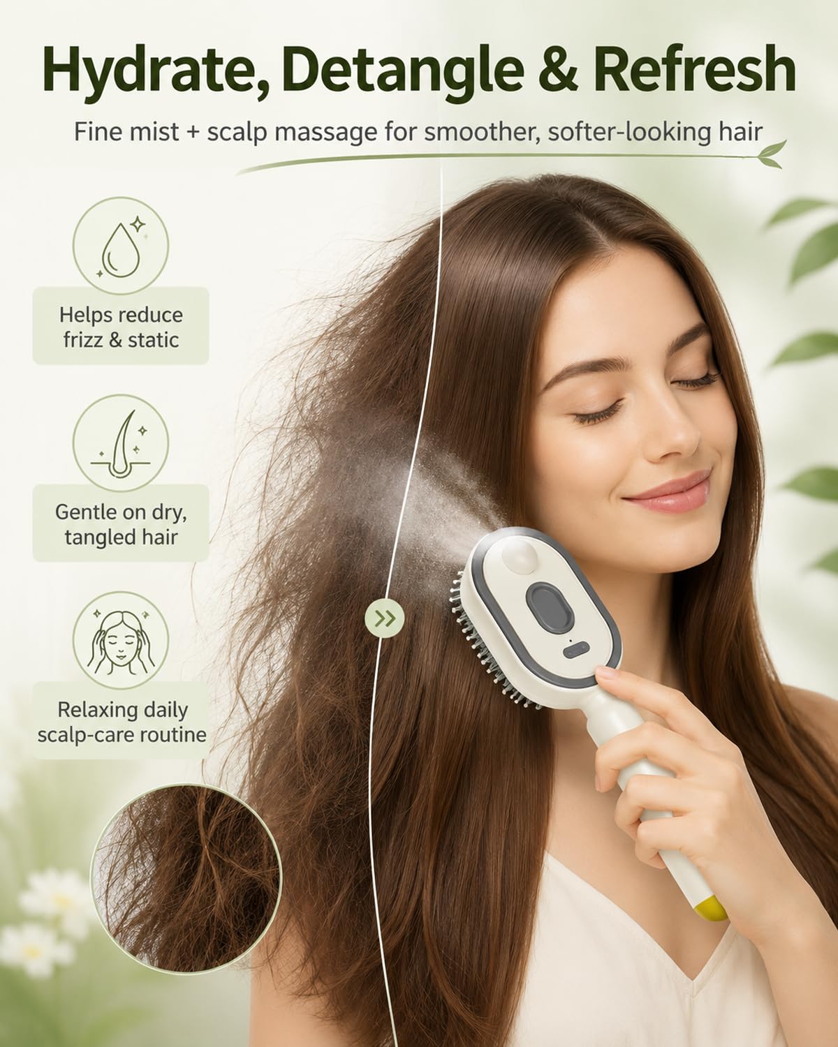 Electric Spray Air Cushion Massage Comb, Rechargeable Mist Hair Brush, Self-Cleaning Anti-Tangle Detangling Brush, Anti-Static Scalp Massager Styling Comb for Dry Frizzy Hair (Pink)