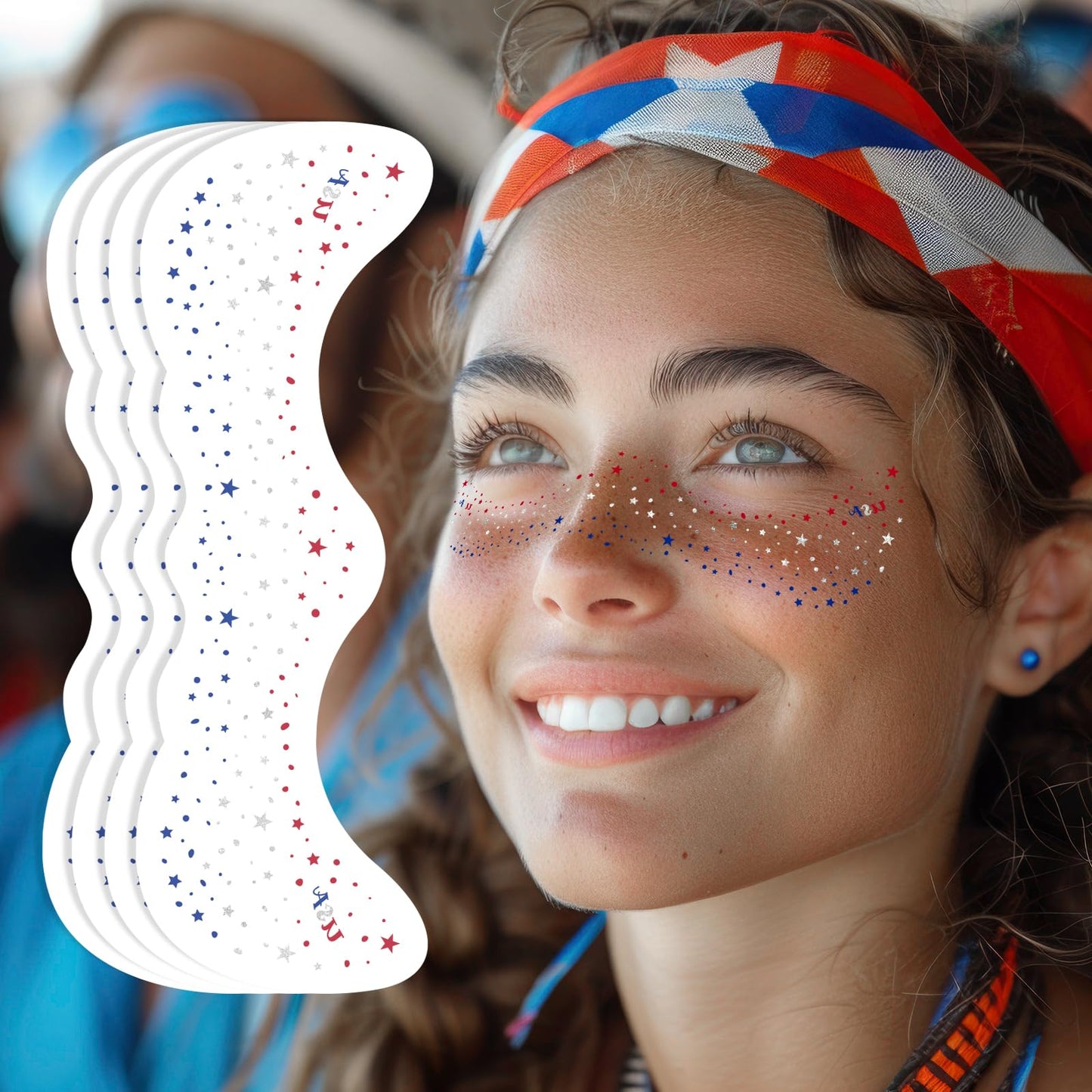 Ovasorve 4th of July Freckles Glitter Stars - Patriotic Face Tattoos with Red White & Blue Sparkles | Waterproof Temporary Tattoos for Independence Day & Everyday Makeup (8 Sheets)