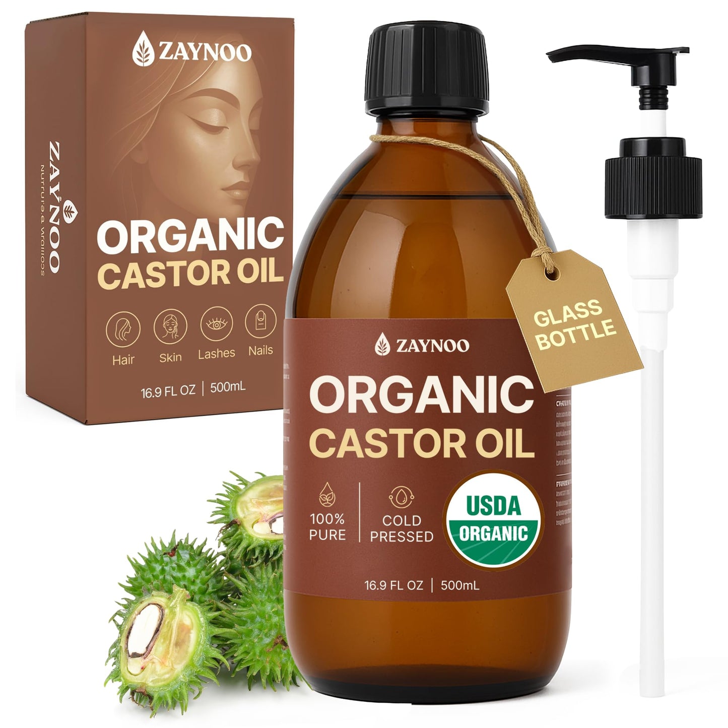 USDA Organic Castor Oil 16.9 fl oz/500 ml Cold Pressed, Hexane Free, Vegan, 100% Pure for Hair Growth, Face, Skin, Lashes, Brows, Body Massage, Aceite de Ricino in Glass Bottle with BPA-Free Pump