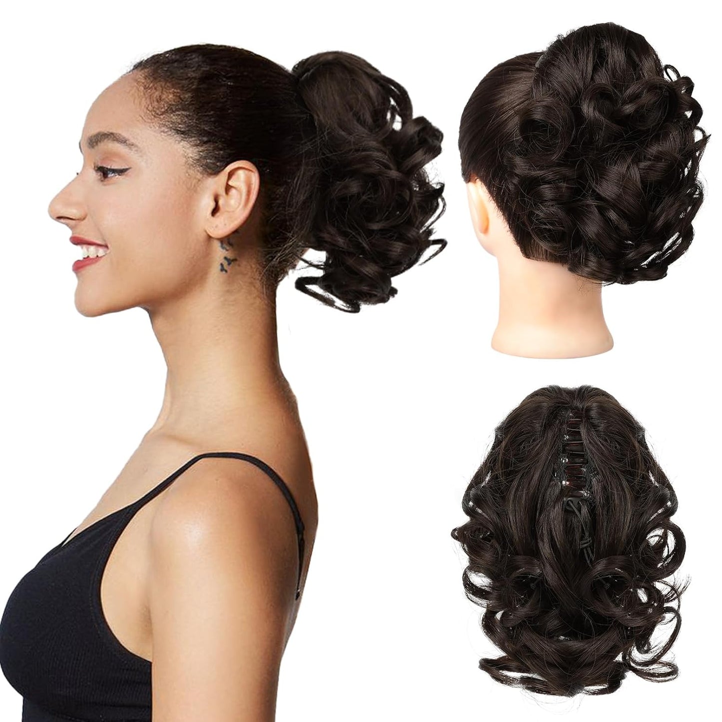 Ponytail Extension - 9" Short Curly Wavy Claw Clip Hairpiece | Chocolate Brown with Highlights