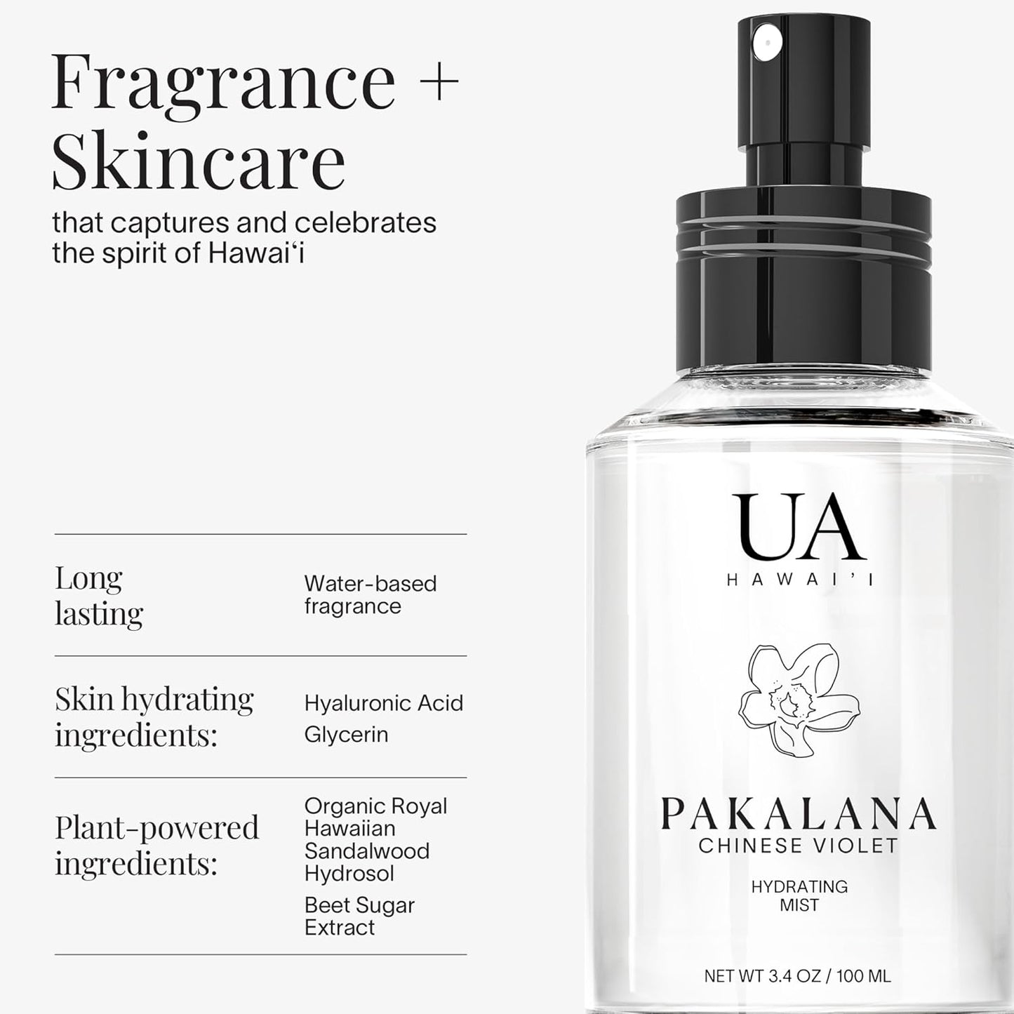 Pakalana Chinese Violet Body & Hair Mist - Hydrating Alcohol-Free Perfume with Hyaluronic Acid | 3.4 oz
