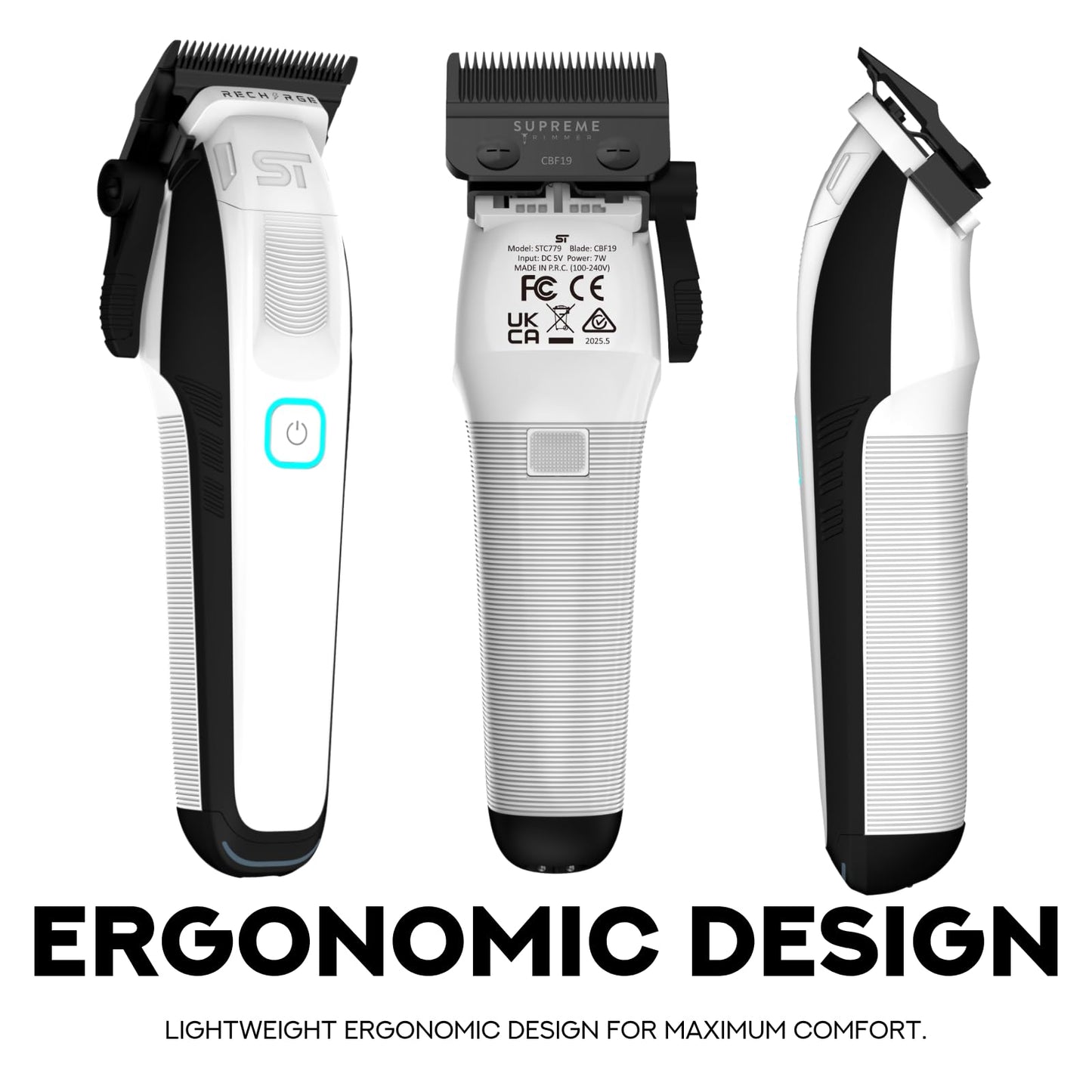 Supreme Trimmer Recharge Clipper - Professional Hair Clipper with 2 Removable Batteries, Brushless Motor, Smart Charge Stand, USB-C Charge & DLC Blades Barbers | STC779