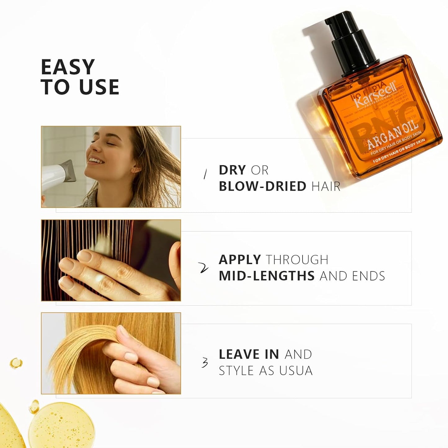 Karseell BNC Argan Oil Hair Treatment - Lightweight Leave-In Oil for Dry, Damaged & Frizzy Hair | Adds Shine & Smoothness
