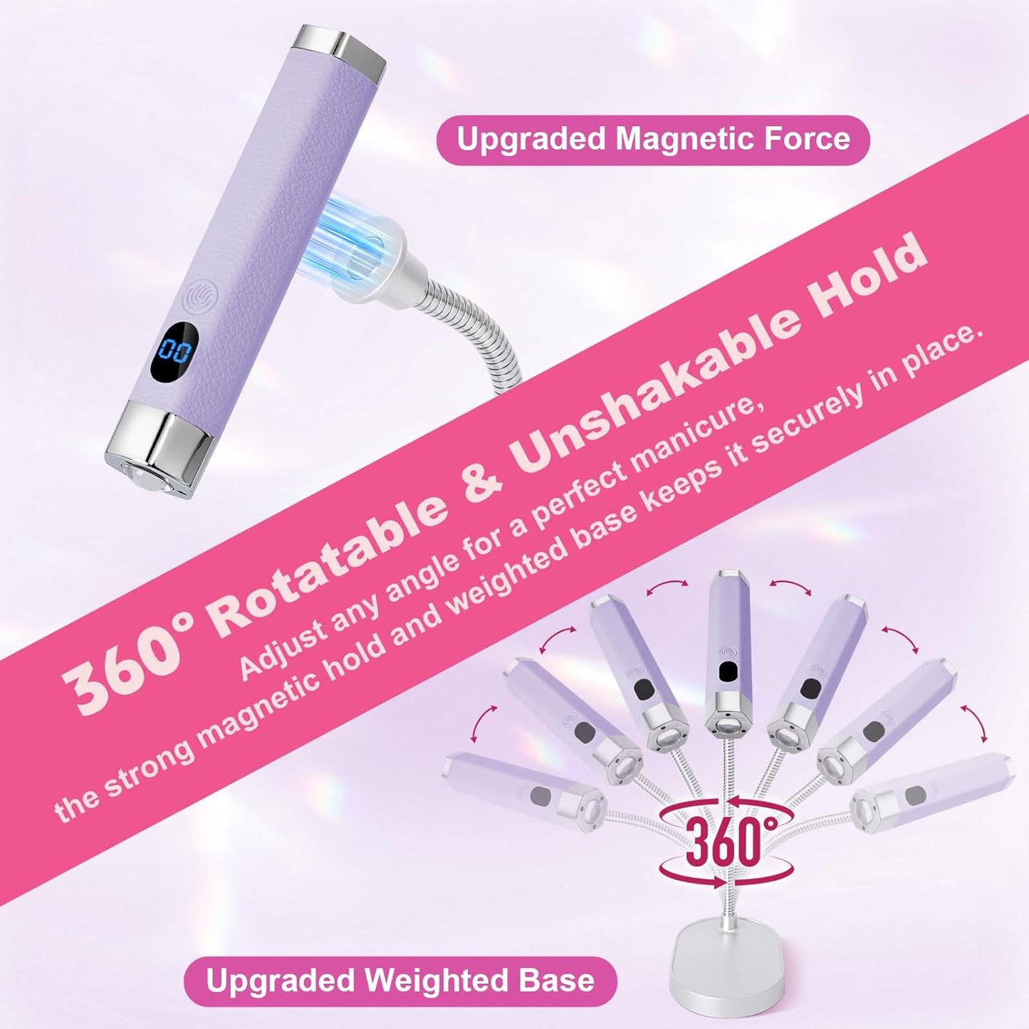 Handheld Mini Nail Lamp - Portable UV Light with Magnetic Stand & Smart Sensor | Fast Curing Gel Nails (Purple)