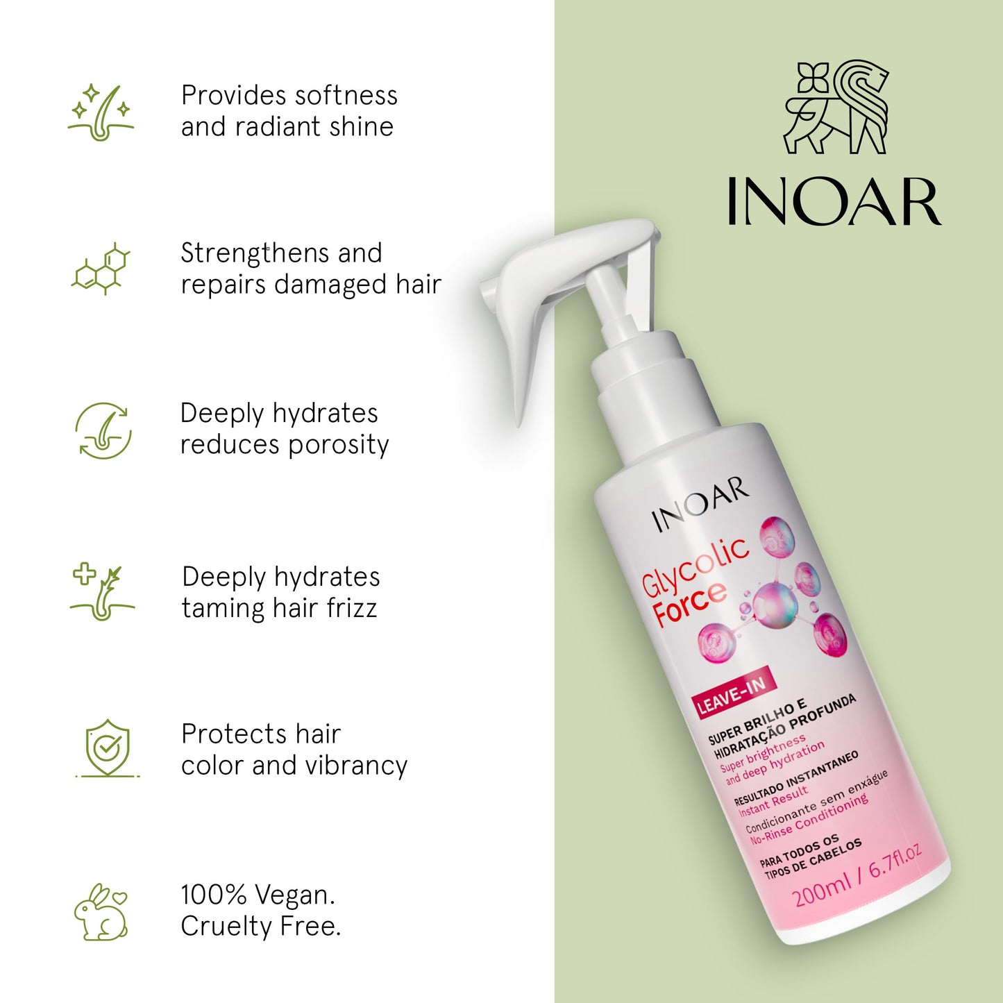 INOAR Glycolic Force Leave-In Conditioning Treatment for Deep Repair & Moisture, 6.8 fl oz