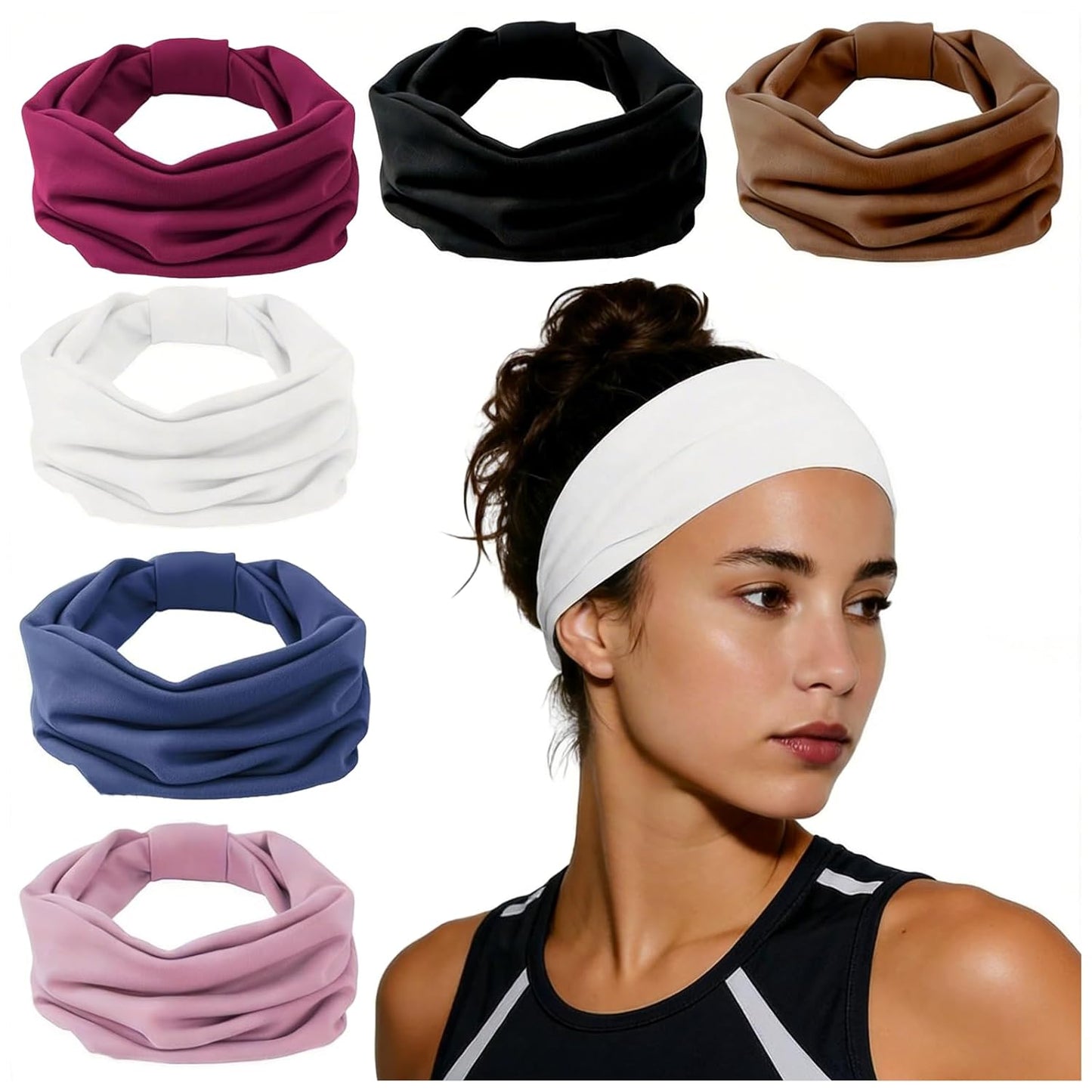 Wide Elastic Headbands for Women - 6 Pack Non-Slip Thick Sports Bands | Soft Knotted for Workout, Makeup & Spa