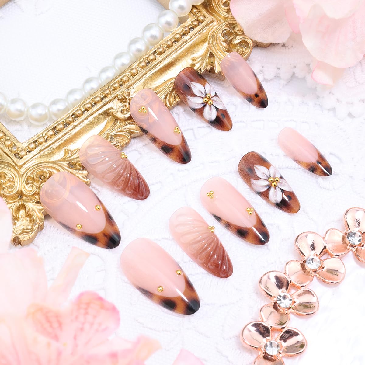 Short Almond Press-On Nails - 24 Pcs French Tip with Leopard Print & Gold Beads | Reusable Acrylic Nail Designs for Women