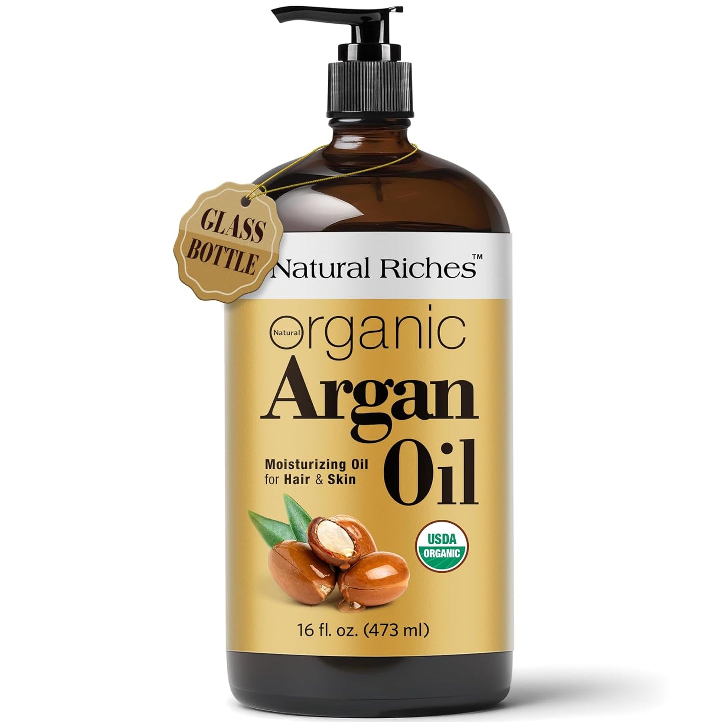 Organic Argan Oil - Cold Pressed Moisturizing Oil for Hair, Face & Skin - 16 Fl Oz Glass Bottle