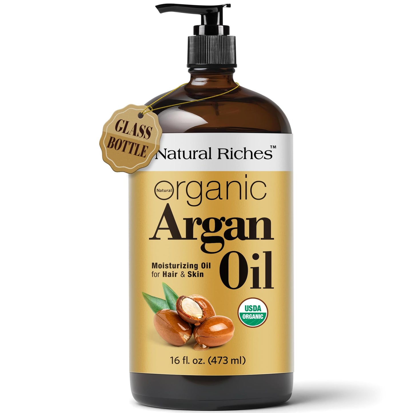 Natural Riches Organic Argan Oil - Moisturizing Oil for Hair, Face & Skin - Cold Pressed Pure Moroccan oil - 16 Fl Oz Glass Bottle