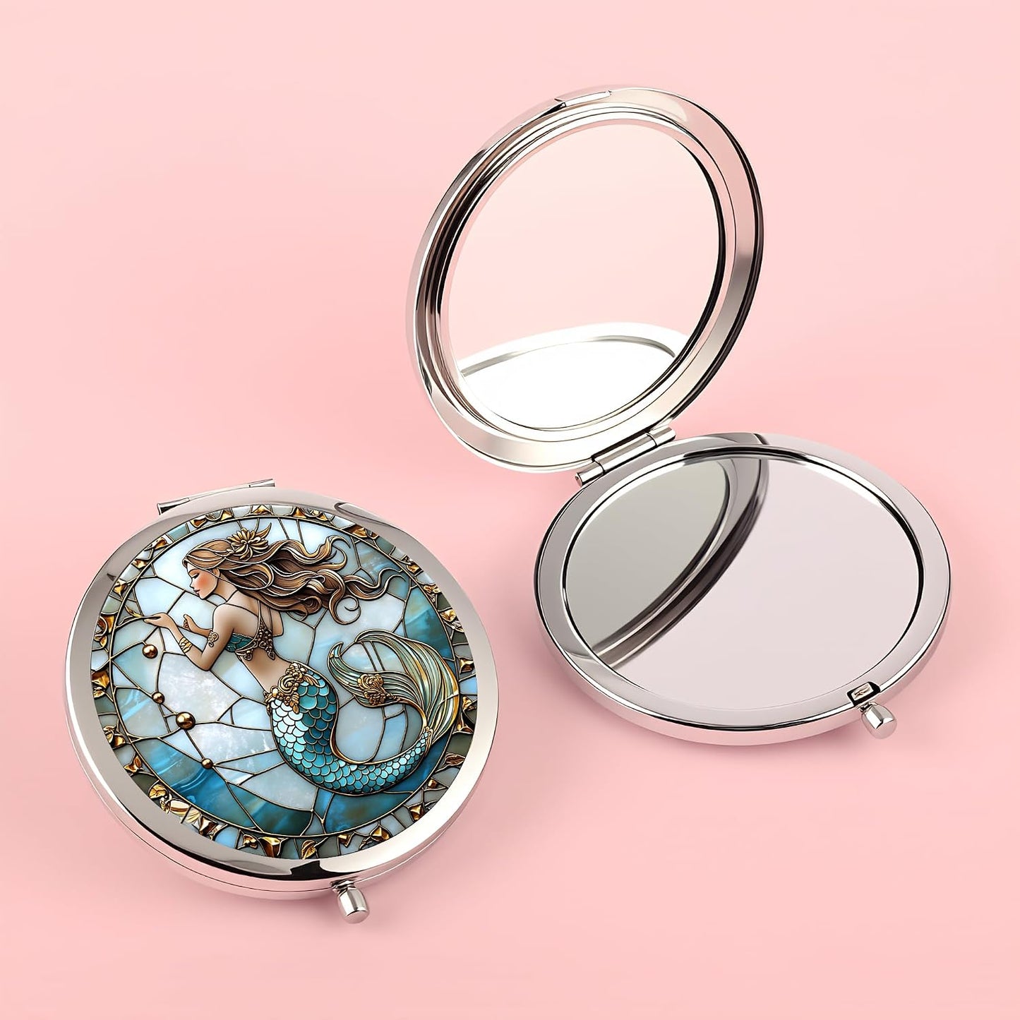Double-Sided Silver Compact Mirror - 2.8x2.8 Inch Mermaid Design | Perfect Gift for Women