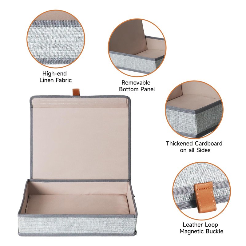ORGMASTER Photo Storage Boxes with Lids, Memory Box for Keepsakes, Picture Organizer Versatile Linen Containers Basket Collapsible Bin for Organizing Home Office, 2 Pack, 14x10.8x2.5 Inch, Gray