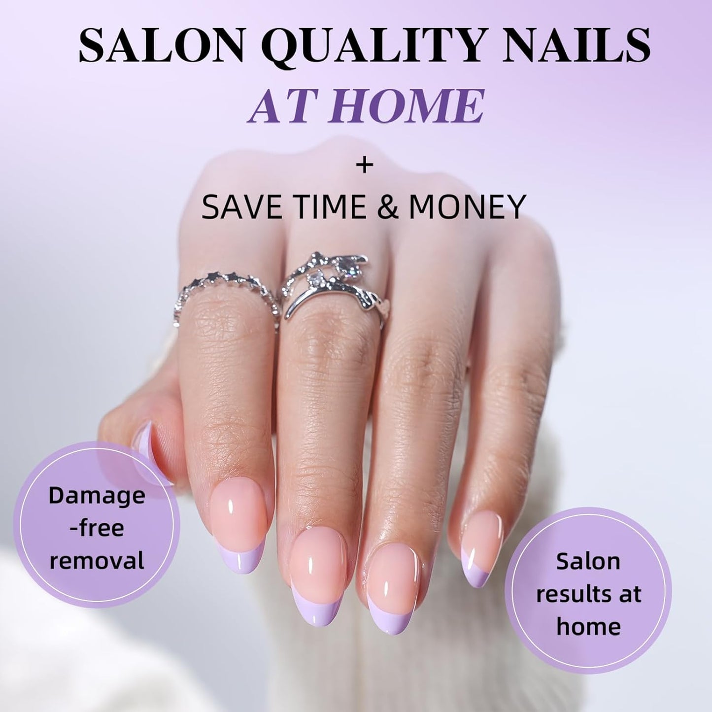Purple French Tip Press On Nails - Reusable Short Almond Lavender Nails | 32 PCS in 16 Sizes with Glue & Adhesive Tabs
