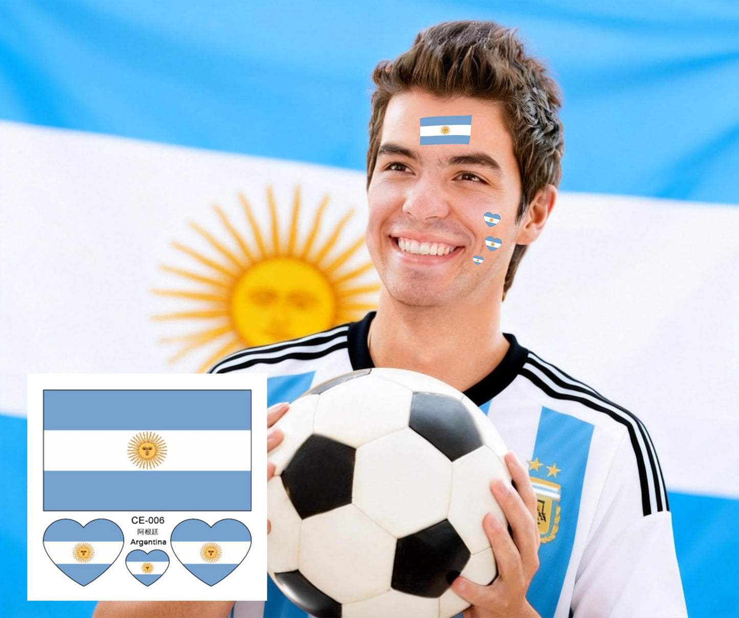 10 Sheets Argentina Flag 2022 World Cup Temporary Face Tattoos Stickers，40 Pcs Football National Flag Removable Fake Tattoos, For Men Kids Women (Argentina)