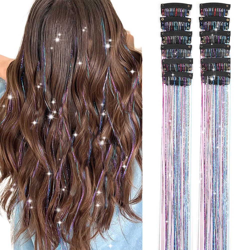 Clip In Hair Tinsel Extensions - 20 Inch Glitter Strands for Festivals | 12 Pcs Black Dazzle Kit for Women & Girls