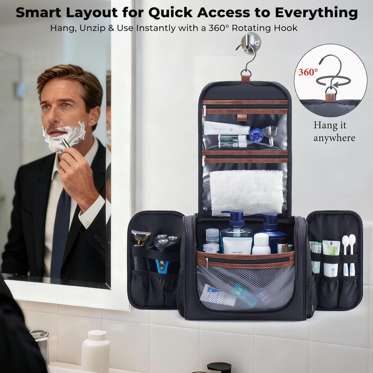 Large Hanging Toiletry Bag for Men - Travel Organizer with Hook | Black Hygiene & Grooming Essentials