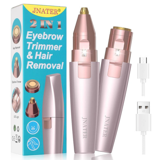 JNATER Eyebrow Facial Hair Remover - 2 in 1 Rechargeable Eyebrow Trimmer and Facial Hair Removal for Women, Painless Electric Hair Removal Device with LED Light for Face Eyebrows Peach Fuzz Lip Body