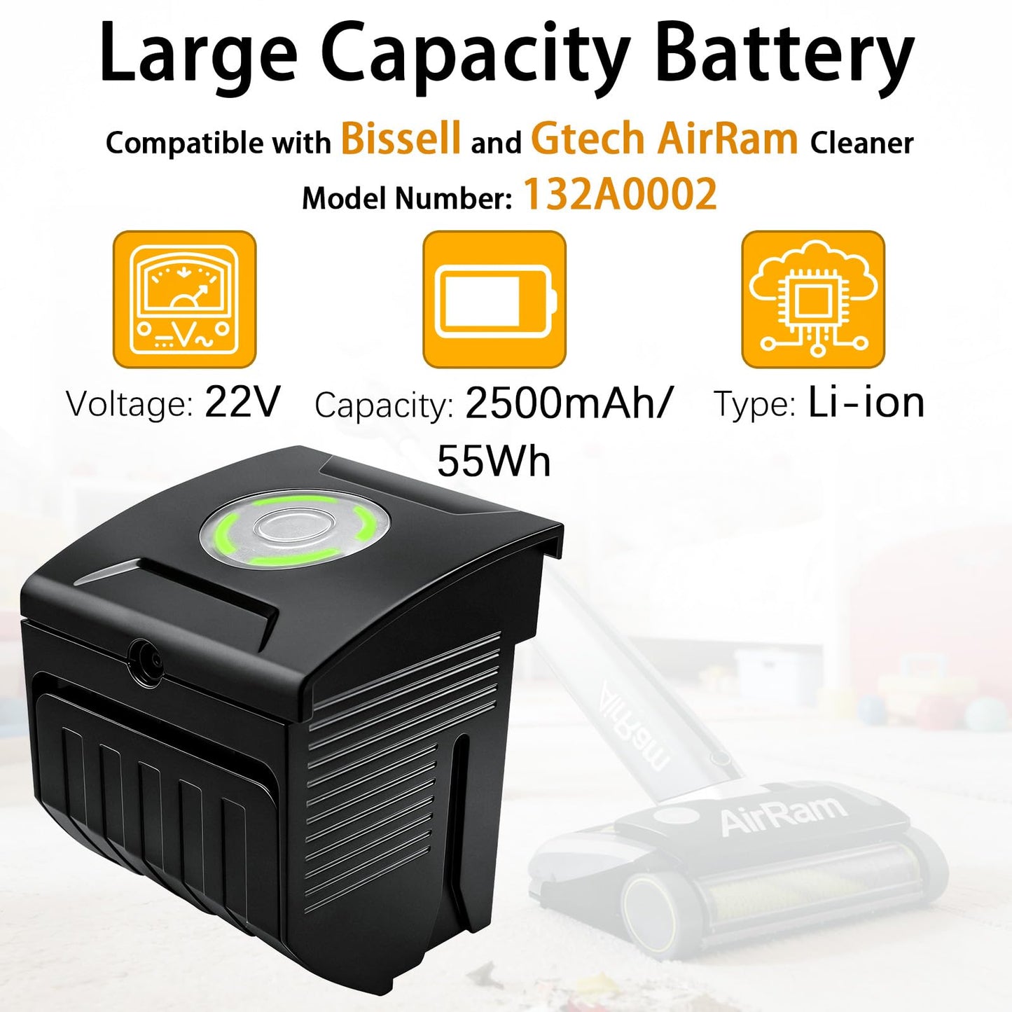 JTRGPEH 103A022 Replacement Battery for Bissell 103A105 132A0002, Compatible with AR27 AR29 AR30 AR31 Gtech AirRam MK2 AR2 Vacuum Cleaner Series 2500mAh