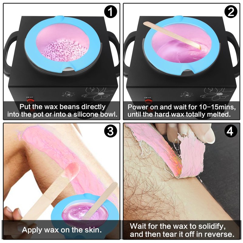 Portable Wax Warmer Machine for Painless Hair Removal, Women Men Professional Wax Heater with Adjustable Temperature Set, 40pcs Sticks, 2 Silicone Bowls (Black - Double Pots)