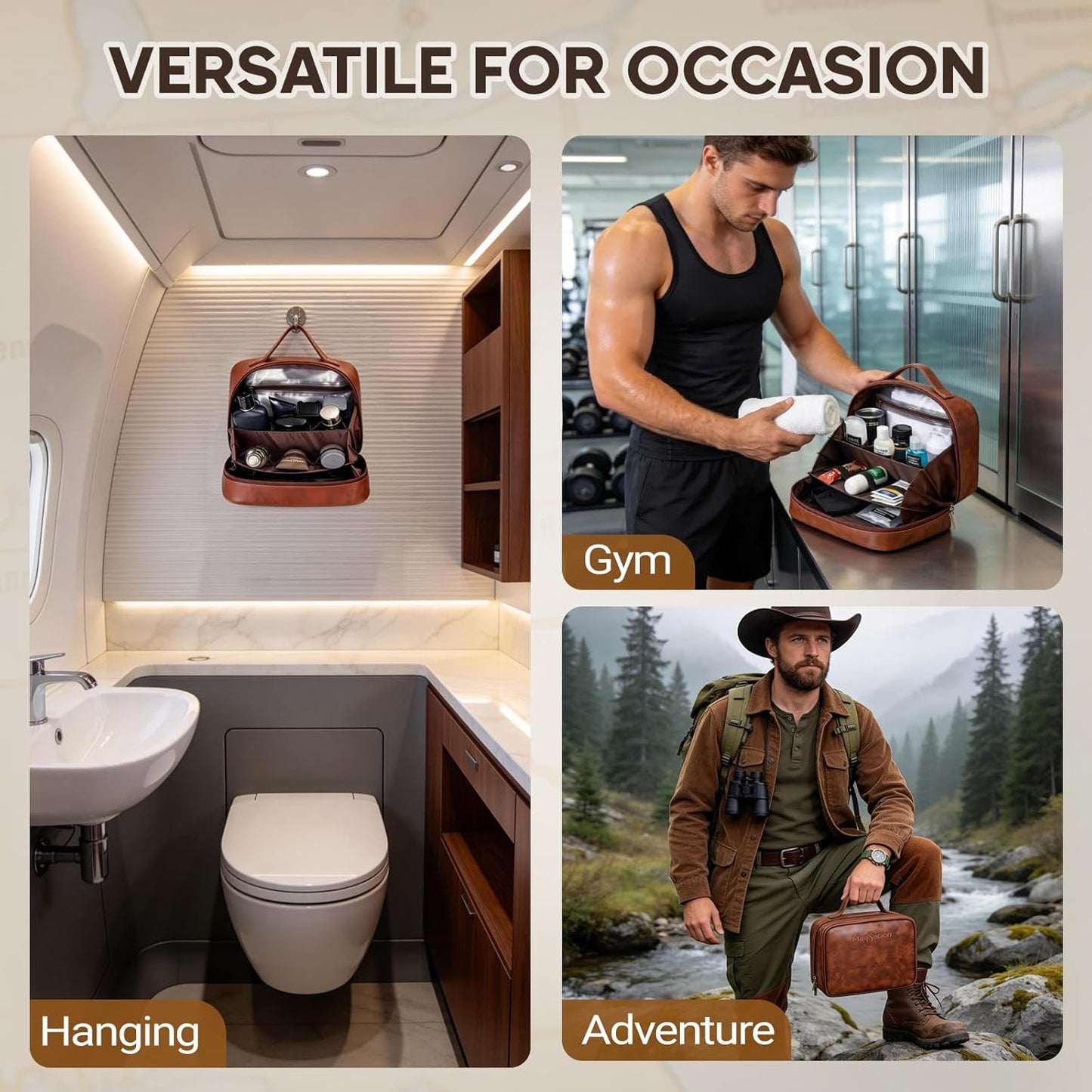 Men's Toiletry Travel Bag - Water-Resistant PU Leather Organizer | Brown Shaving Kit for Gifts