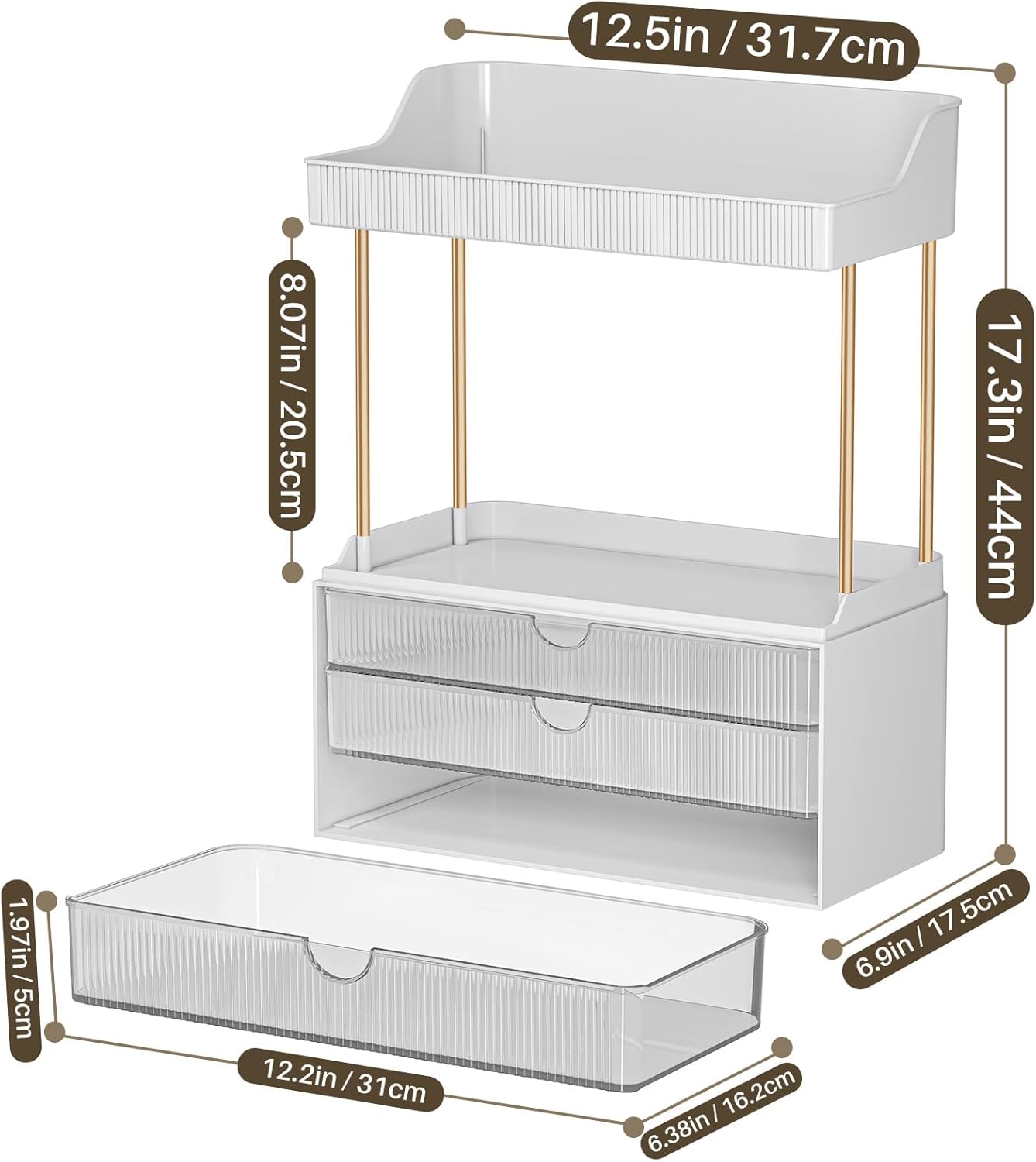 Bathroom Counter Organizer - 2 Pack Makeup Storage with 3 Drawers | Clear Cosmetic Drawer for Vanity & Dresser