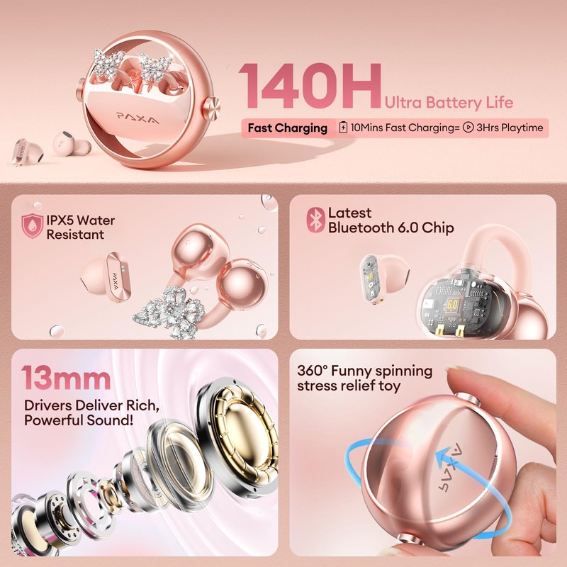 PAXA 3 in 1 Ctbuds Stylish Jewelry-Style Clip on Open Ear Headphones Wireless Earbuds, Instant Earring Mode, Ultra-Long 140H Play, Bluetooth 6.0, All-Day Wear for Work Fitness Daily Use, Rose Gold