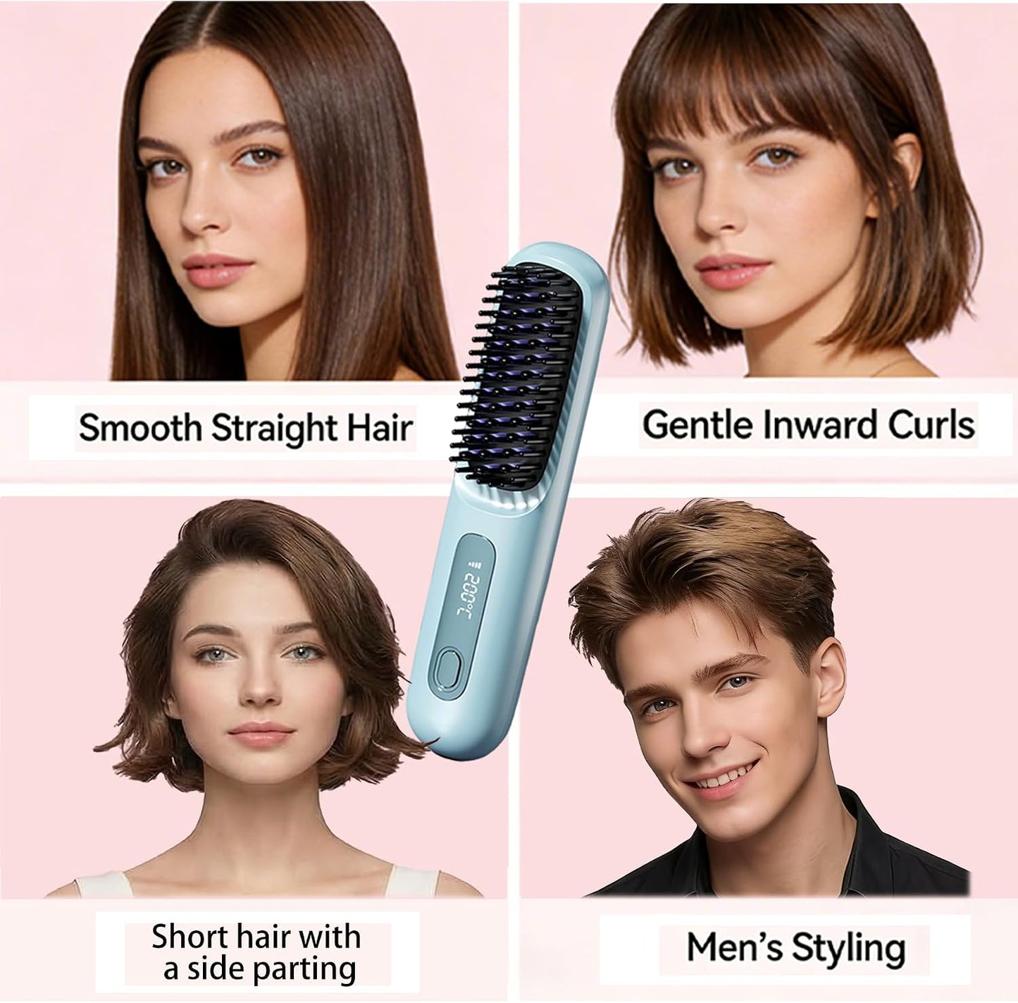 Go Brush Pro Mini Hair Straightener - Cordless Travel Brush with LCD Display | Fast Heating for Short Hair
