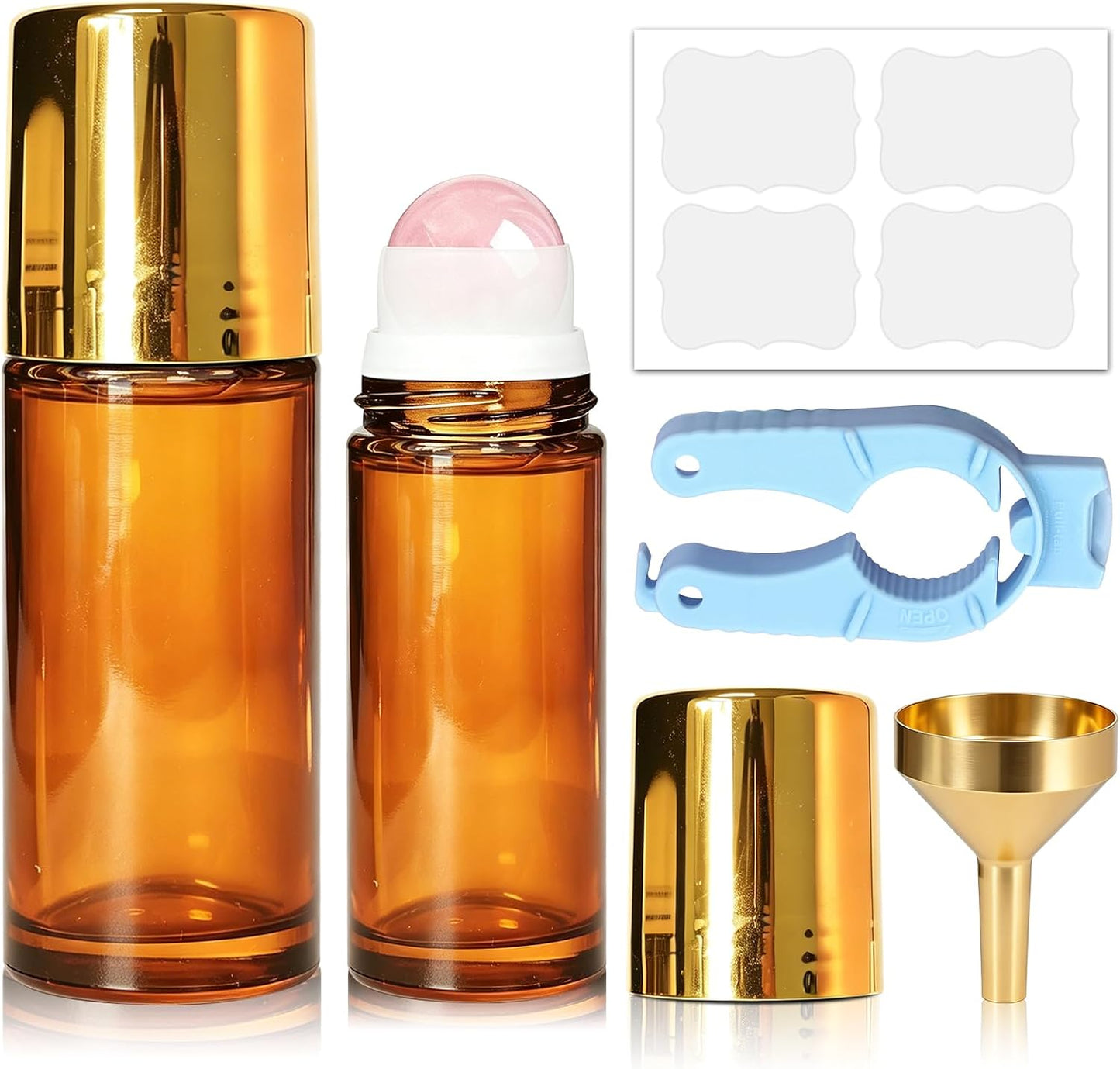 Rose Quartz Essential Oil Roller Bottles - 2 Pack Leakproof Amber Glass | 50ml & 30ml for Perfume & DIY