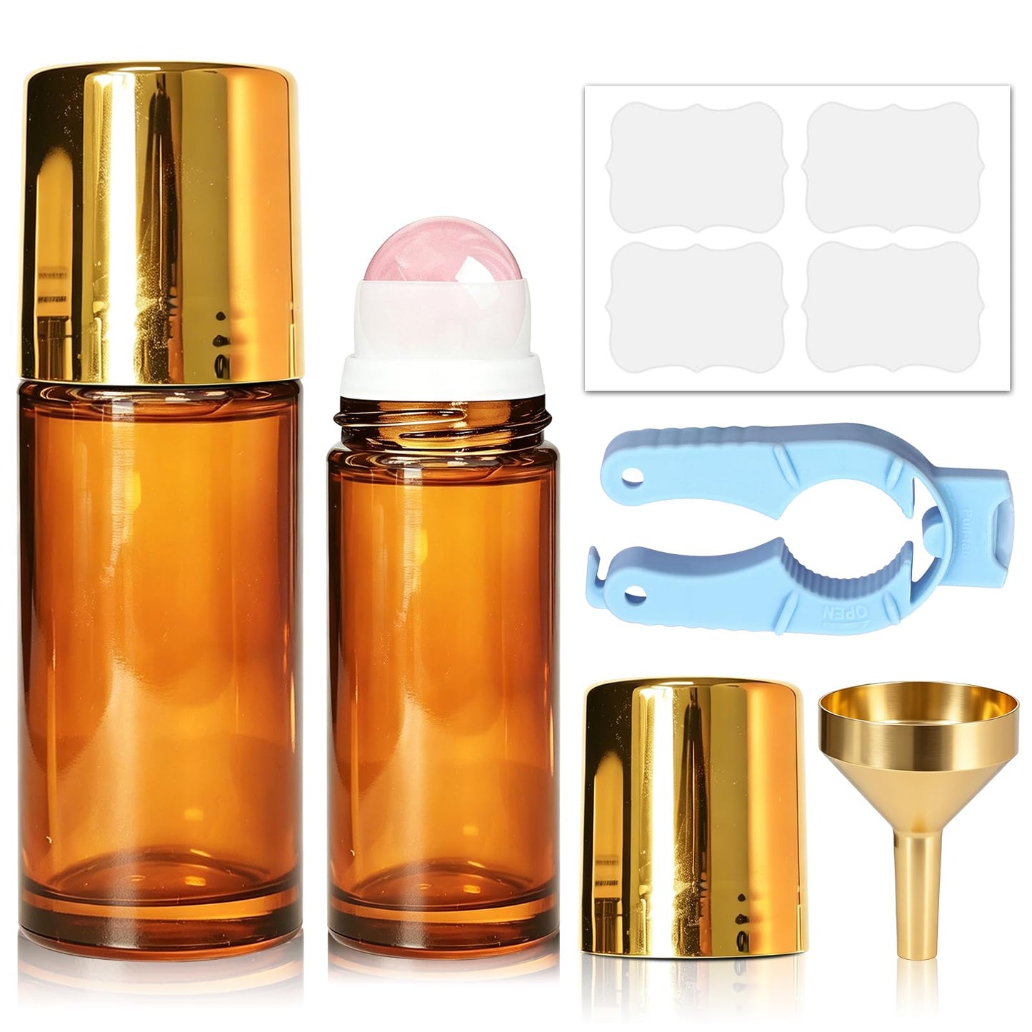 ORVEXILA 2 Pack Rose Quartz Essential Oils Roller Bottles, 50ml and 30ml Empty Leakproof Amber Glass Roll On Bottles for Perfume, Anointing, Travel, DIY