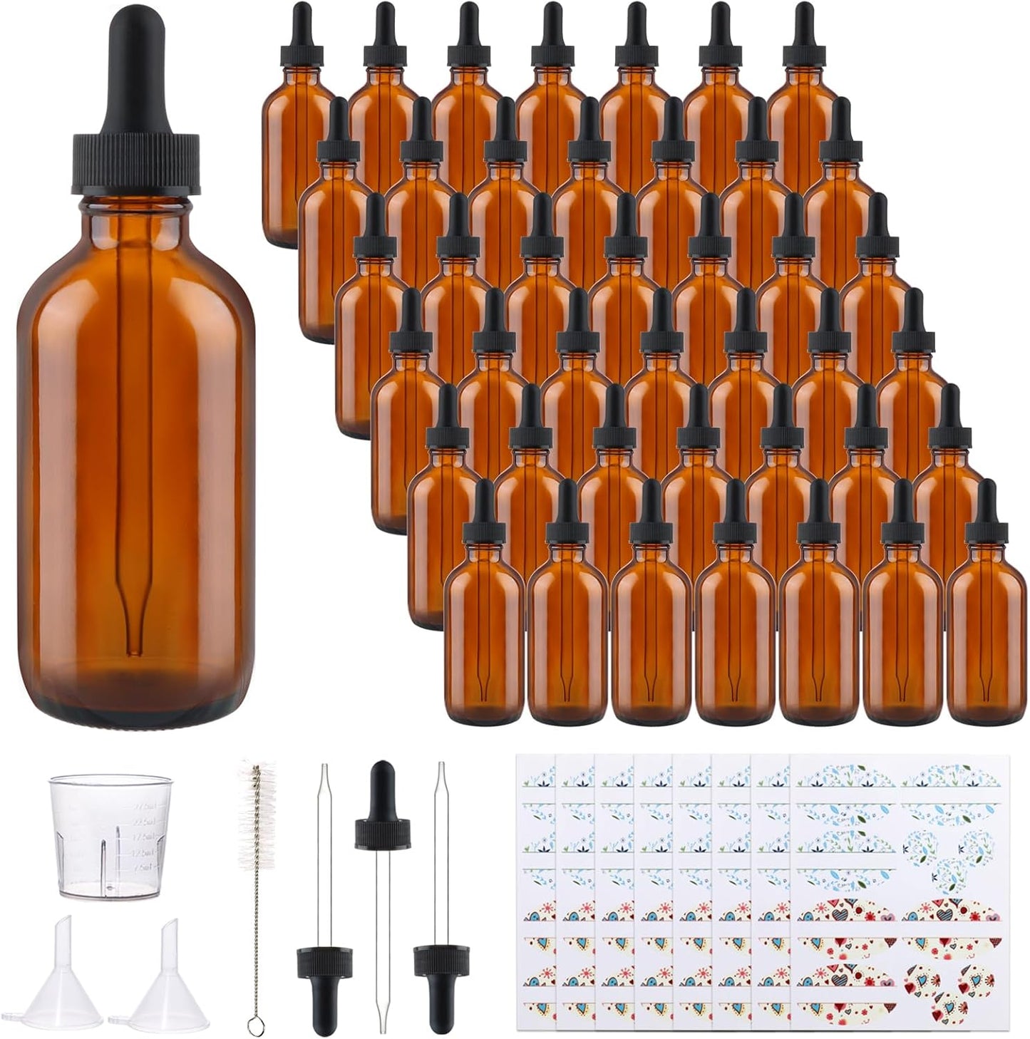 Clear Glass Bottles - 42 Pack 4oz with Eye Droppers for Essential Oils | Includes Funnels, Labels & Measuring Cup