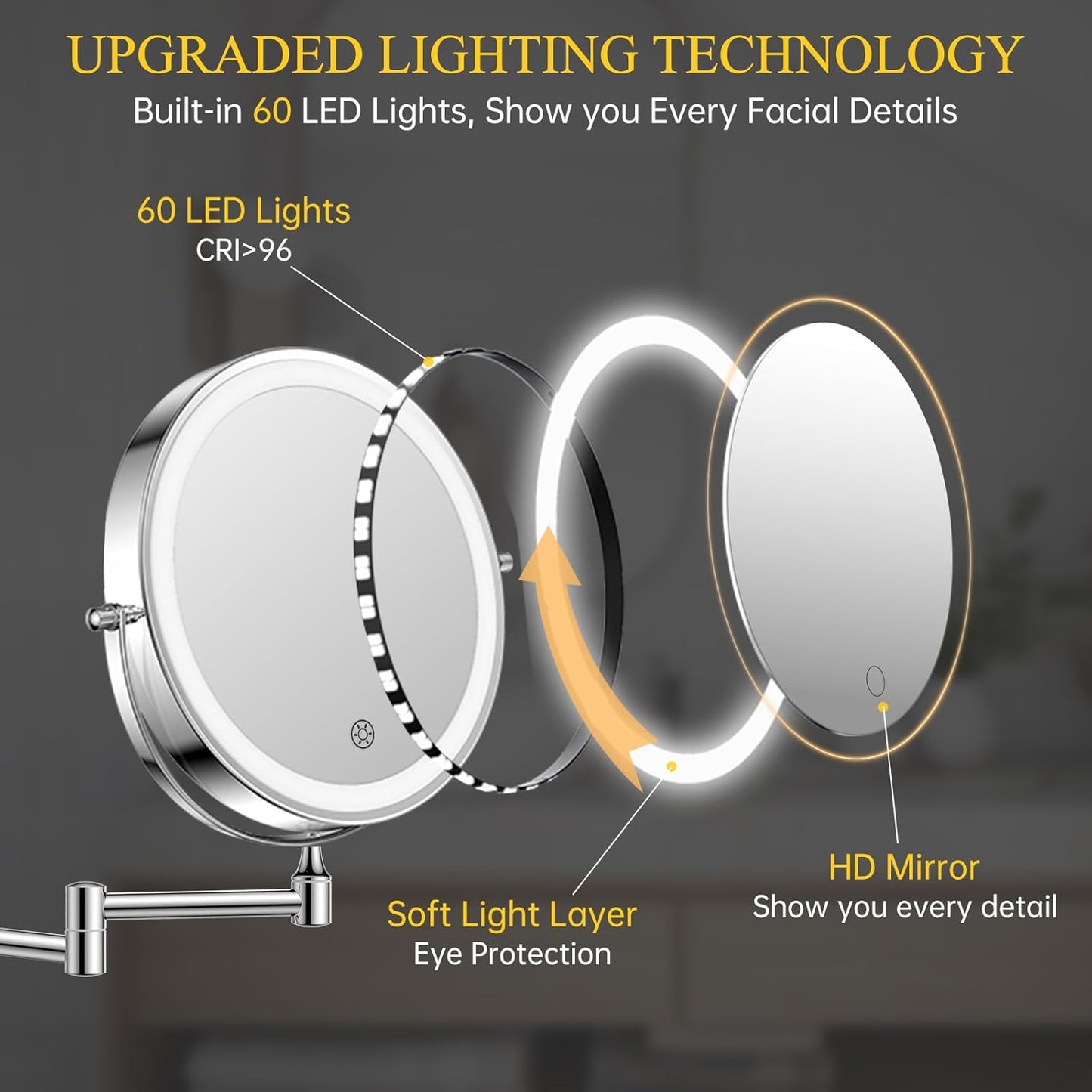 Rechargeable Wall Mounted Makeup Mirror with Lights - 3X/20X Magnification, 3 Color Options, Touch Dimmable, 360° Rotation