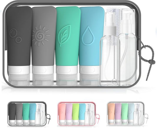 Silicone Travel Bottles Set - TSA Approved Leakproof Toiletry Kit with Easy-Squeeze Design | 16-Piece Waterproof Bag Included