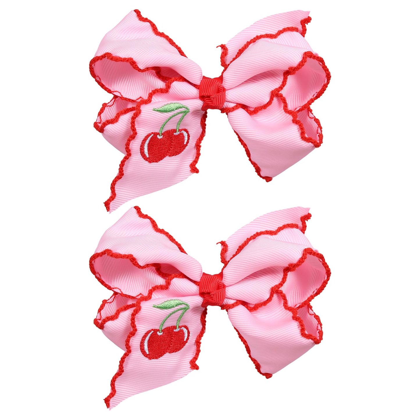 4" Red Cherry Fruit Hair Bow Clips 2PC Pink Embroidered Grosgrain Ribbon Bowknot Alligator Clip for Teen Girls Women Birthday Party Dress Summer Outfit Decor Accessory Gift