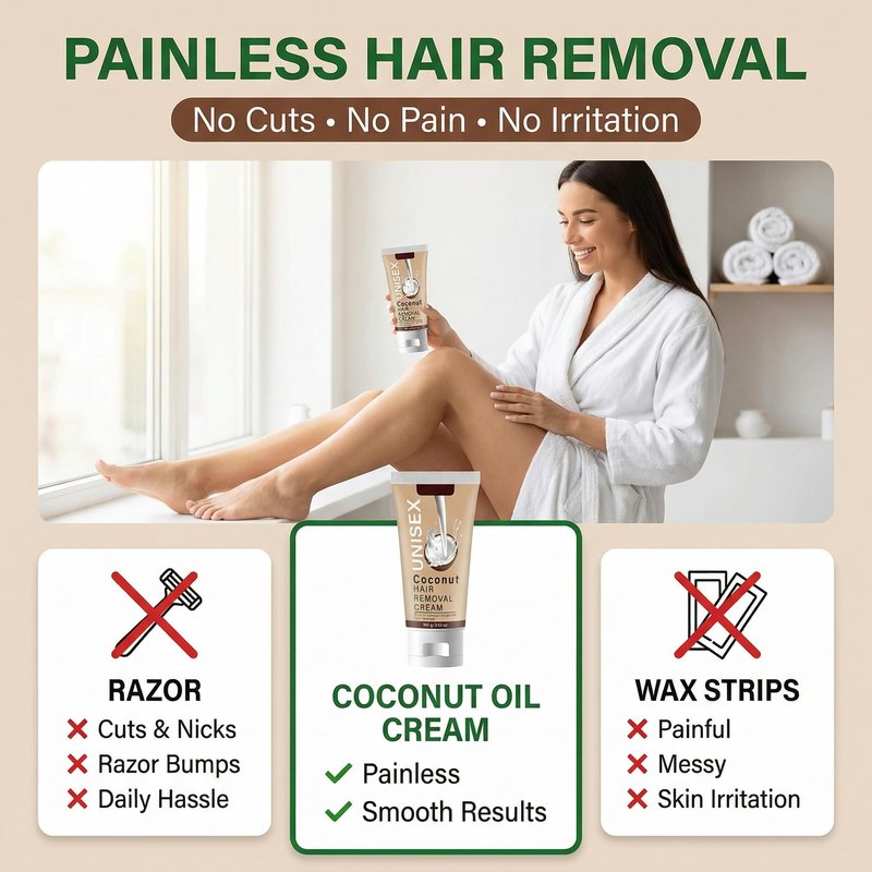 Grospe Coconut Hair Removal Cream for Men & Women, Painless Body Depilatory Cream for Sensitive Skin, Gentle Hair Remover for Face, Legs, Chest, Back and Bikini Area, 3.52 oz