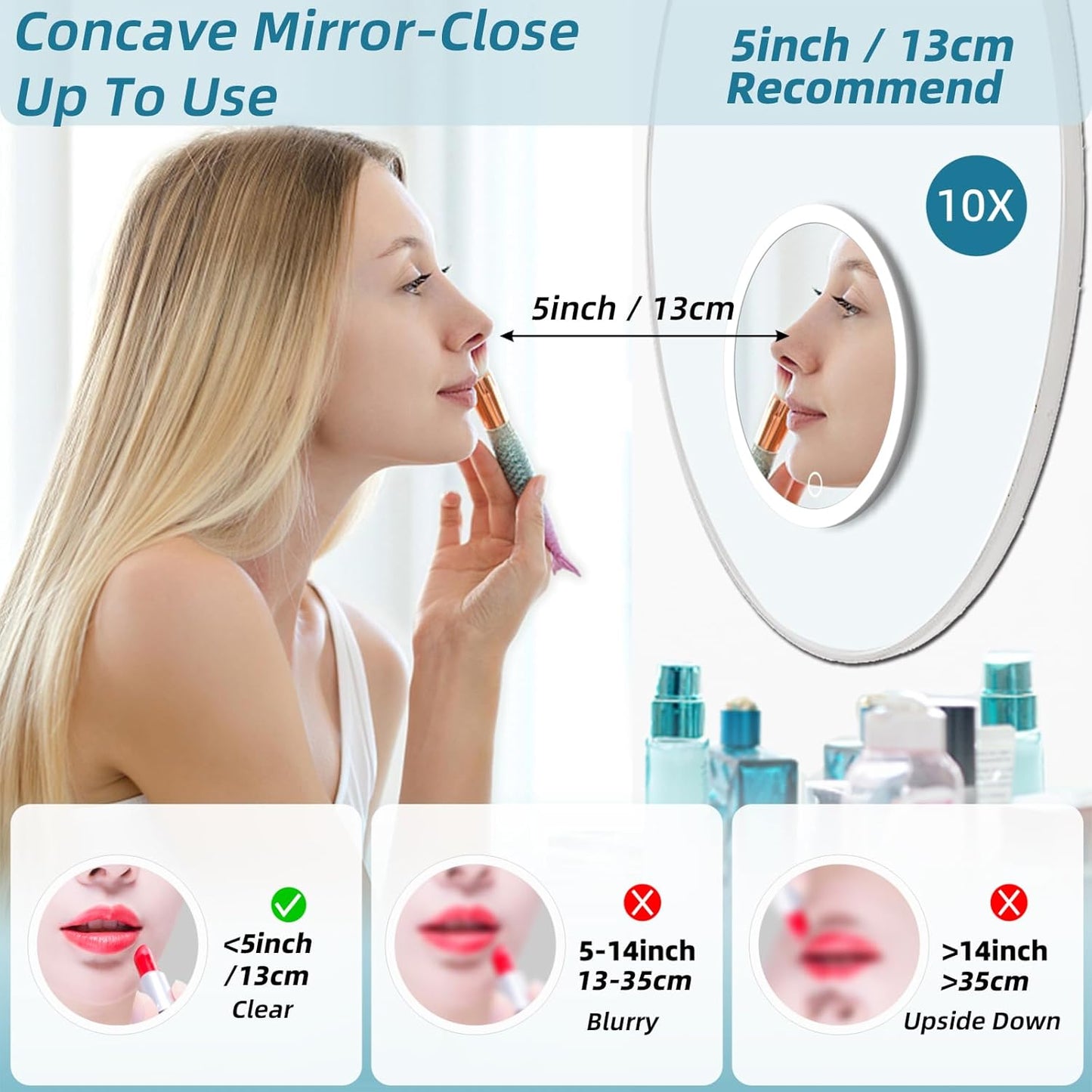 Lighted Magnifying Mirror - 10x Magnification, Rechargeable, 6'' | Suction Cups, 3 Colors Dimming Light, Tweezers & Scissors