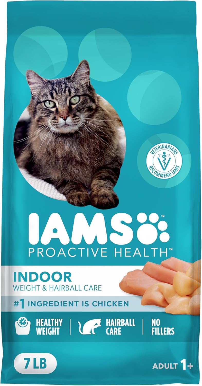 IAMS Proactive Health Dry Cat Food - Indoor Weight & Hairball Care | Real Chicken, 7 lb Bag