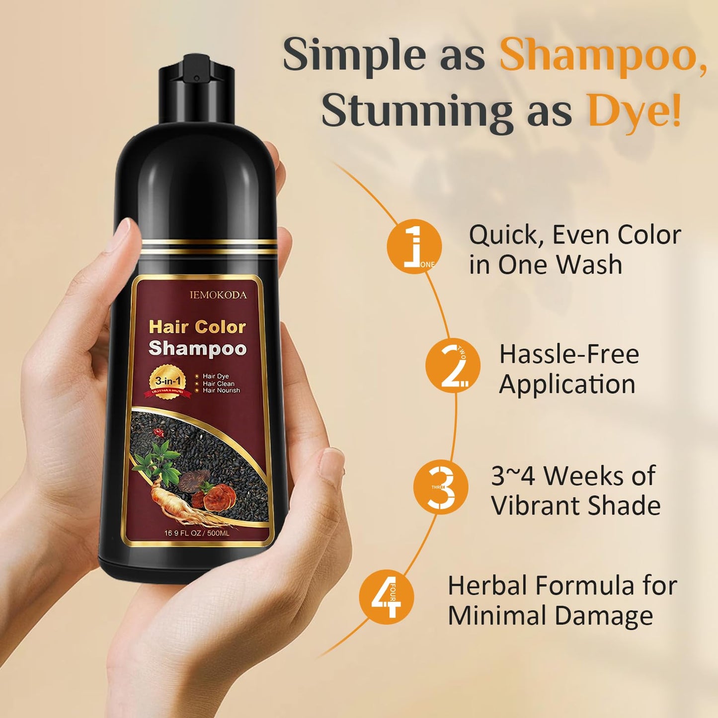 Light Brown Hair Dye Shampoo for Gray Hair - 3-in-1 Coloring & Conditioning Treatment, Natural Shampoo Dye Hair Color for Women & Men, Gentle Covers Gray Hair in Minutes, Champu Para Canas, 500ml