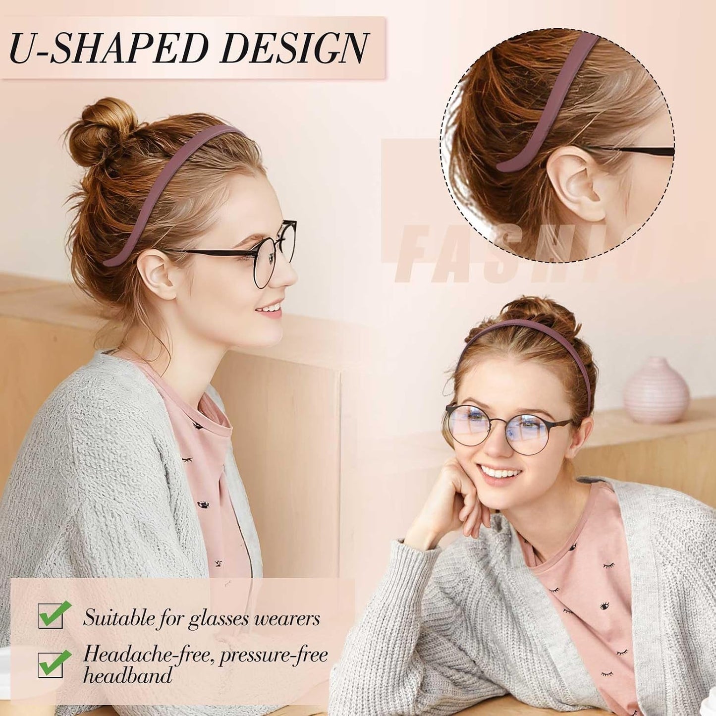 6-Pack No Pressure Headbands for Glasses Wearers | Square Sunglass Hairbands with Teeth, Non-Slip - Brown Series