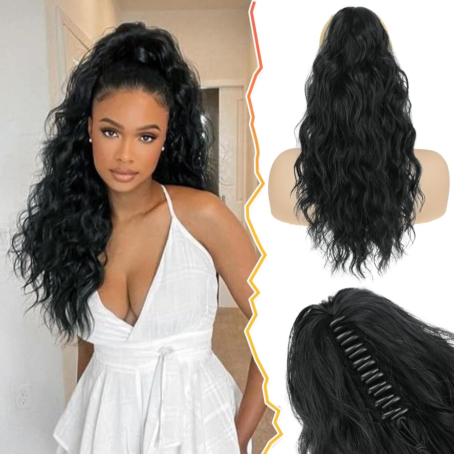 Black Ponytail Extension - 18 Inch Curly Claw Clip Hairpiece for Women | Natural Black Multi-Layered Synthetic Ponytail