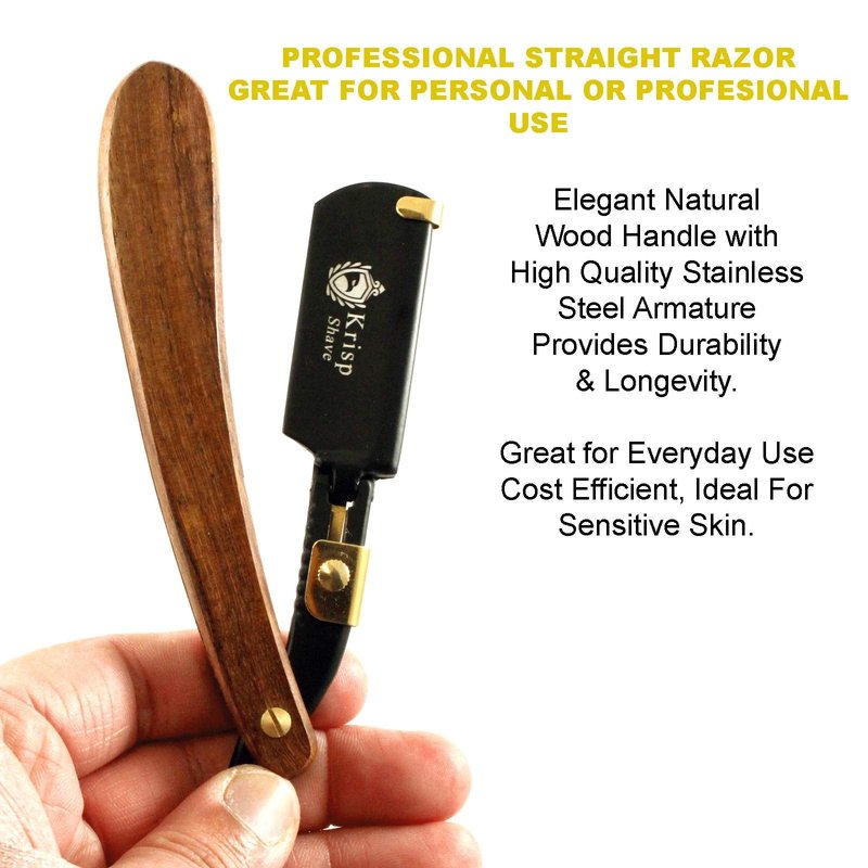 Professional Classic Straight Edge Barber Razor For Close Shaving - Salon Quality Men's Beard Cut Throat Shavette Manual Razor (Wooden Handle) With 5 Shaving Blades By Krisp Shave