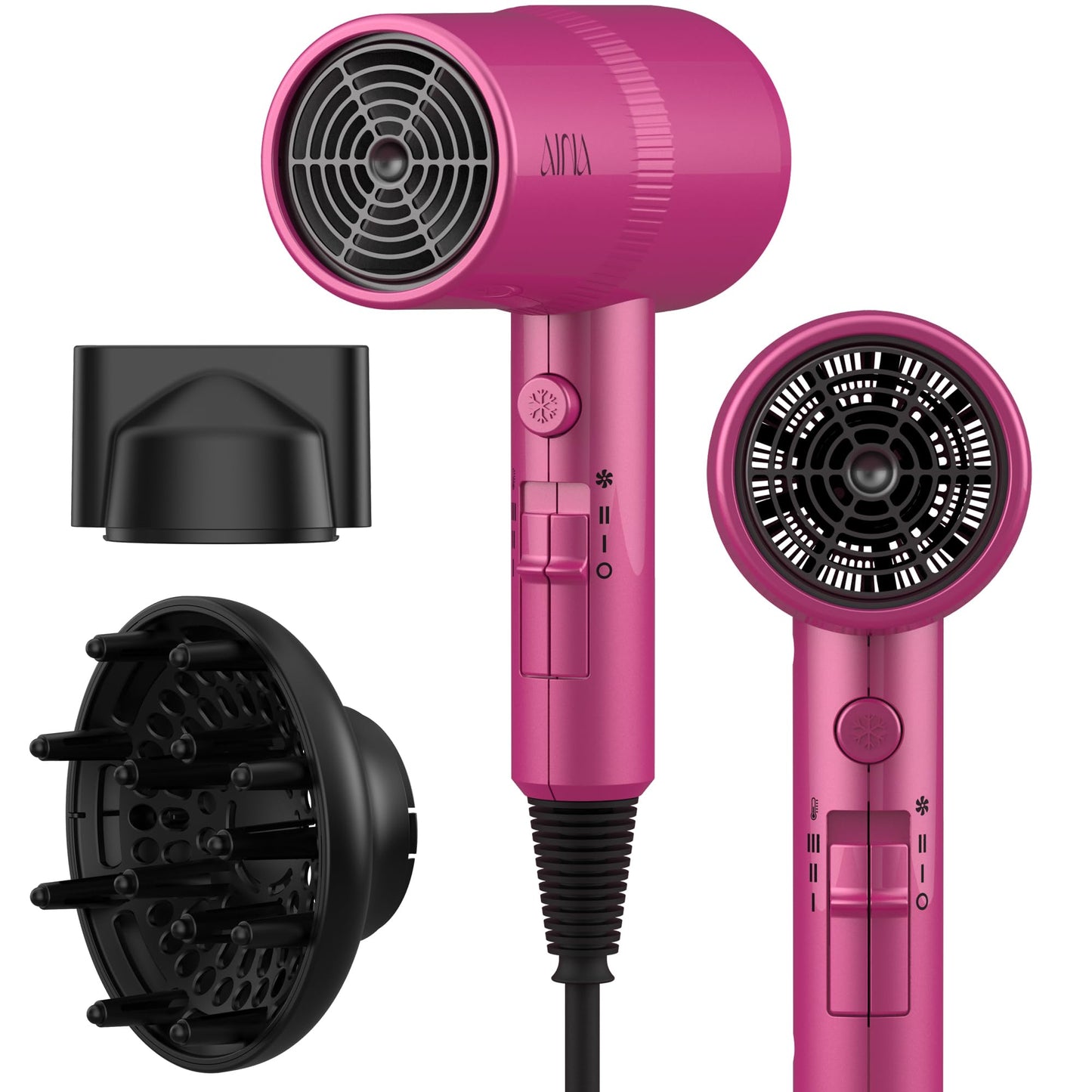 AINA Diffuser Hair Dryer Full-Featured Blow Dryer 110V/1600W(Neon Pink)