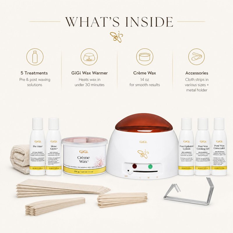 Gigi Eyebrow Waxing Kit for Women, Face and Body Hair Removal Starter Set with Mini Heater, 14 oz Honee Creme, Pre-Treatment Lotions, and Wax Muslin Strips