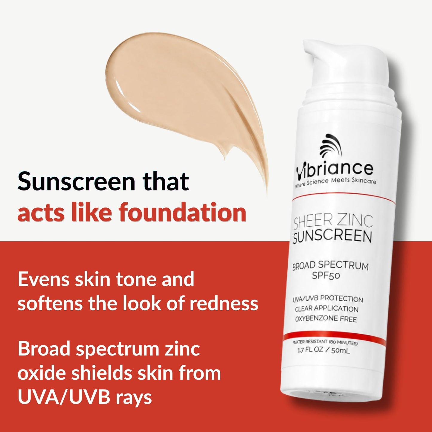 Vibriance Sheer Zinc Sunscreen - Tinted Sunscreen for Face SPF 50, Lightweight Facial Moisturizer with Niacinamide, Hyaluronic Acid - 1.7 fl oz