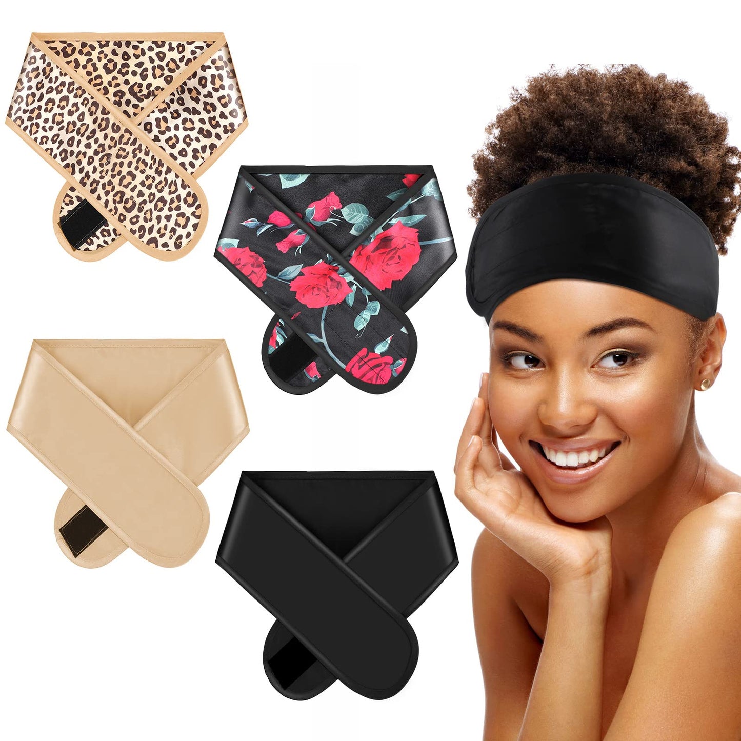 Eurzom 4 Pieces Satin Hair Wrap Scarf Satin Headband for Black Women's Adjustable Silk Hair Wraps for Sleeping Nonslip Strips(Black, Champagne)