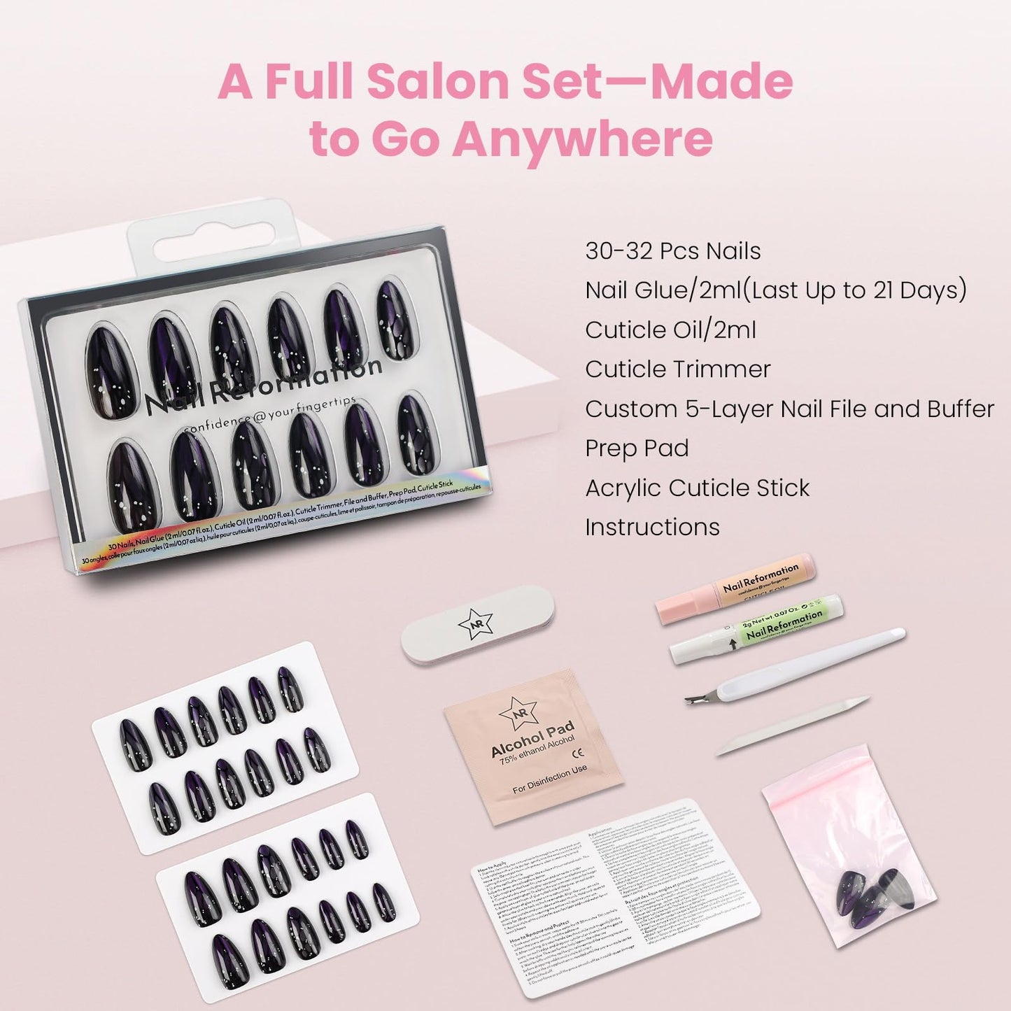 Nail Reformation Press On Nails, Purple Mariposa | Medium Almond Fake Nails with Purple Cat Eye & Butterfly Wing in Glossy Finish, Reusable Stick On Nails in 15 Sizes - 30 Nail Kit for Women Gifts