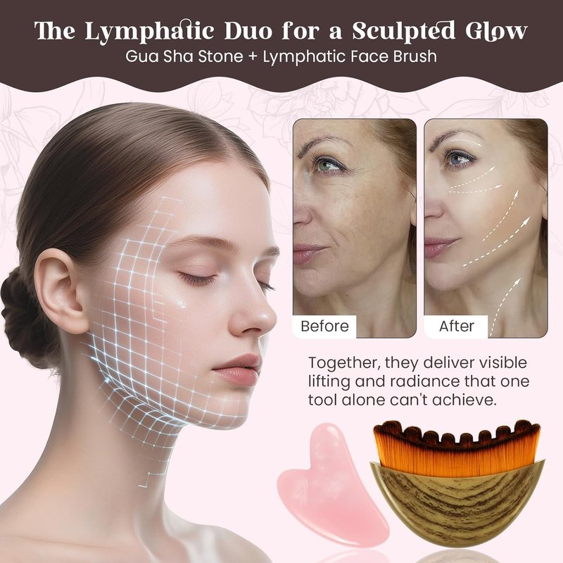 Lymphatic Contour Face Brush & Gua Sha Set - 2-in-1 Manual Facial Tools for Anti-Puffiness & Skin Glow