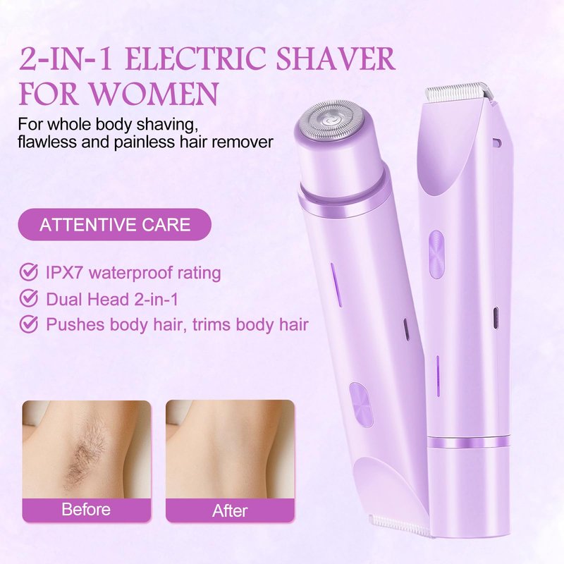 Bikini Trimmer for Women, 2 in 1 Electric Razors for Women, Rechargeable Cordless & Painless Hair Removal, Ultra Low Silent, Easy Cleaning, IPX7 Waterproof Bikini Shaver for Sensitive Skin (Purple)