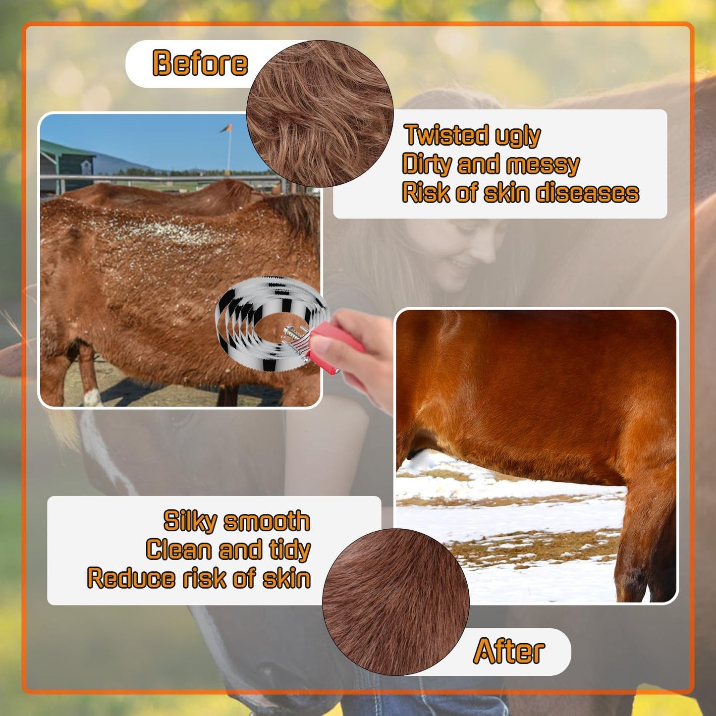 6 Rings Curry Comb Horse Brush, Reversible Stainless Steel Shedding Comb & Scraper with Soft Touch Grip, Horse Grooming Supplies for Horses, Dogs & Livestock, Curry Comb for Shedding & Bathing