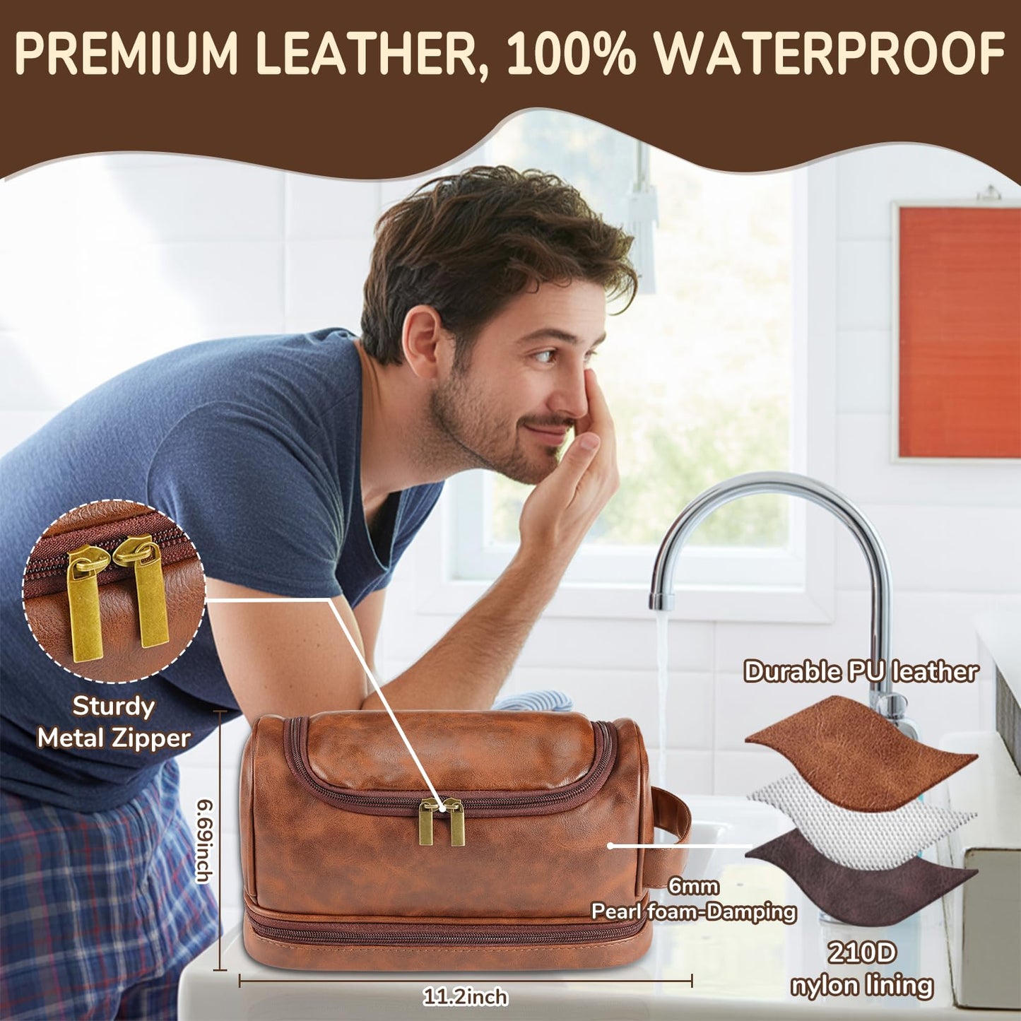 Personalized Toiletry Bag for Men - Custom Large Leather Dopp Kit with Engraved Name & Text, Personalized Gift for Groomsmen, Husband, Dad, Boyfriend, Birthday Gifts for Men